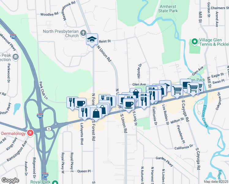 map of restaurants, bars, coffee shops, grocery stores, and more near 40 North Union Road in Williamsville