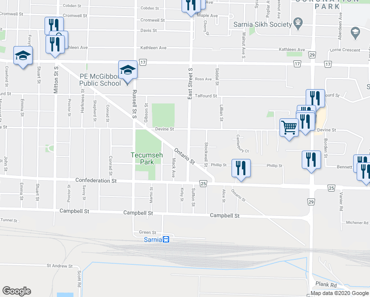 map of restaurants, bars, coffee shops, grocery stores, and more near 348 Ontario Street in Sarnia