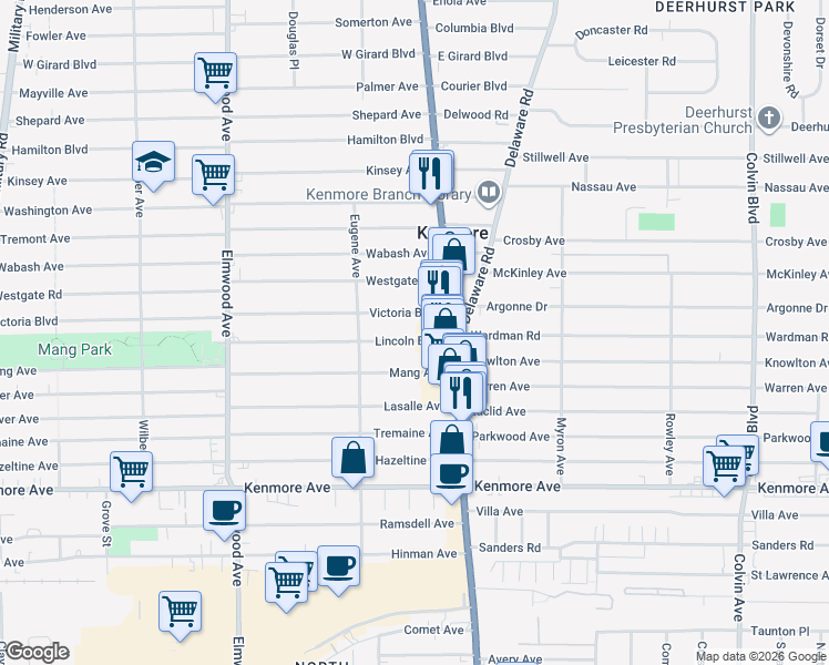 map of restaurants, bars, coffee shops, grocery stores, and more near 35 Lincoln Boulevard in Kenmore