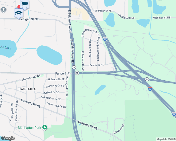 map of restaurants, bars, coffee shops, grocery stores, and more near 3355 Fulton Street East in Grand Rapids