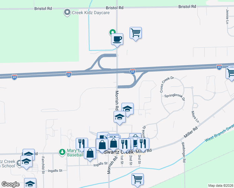 map of restaurants, bars, coffee shops, grocery stores, and more near 4393 Morrish Road in Swartz Creek