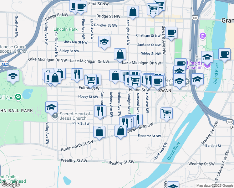 map of restaurants, bars, coffee shops, grocery stores, and more near 15 Indiana Avenue Southwest in Grand Rapids