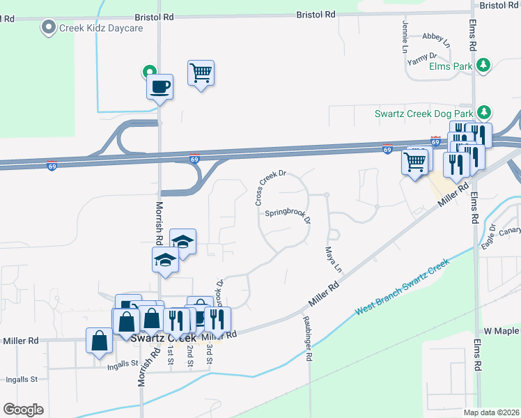 map of restaurants, bars, coffee shops, grocery stores, and more near 4251 Springbrook Drive in Swartz Creek