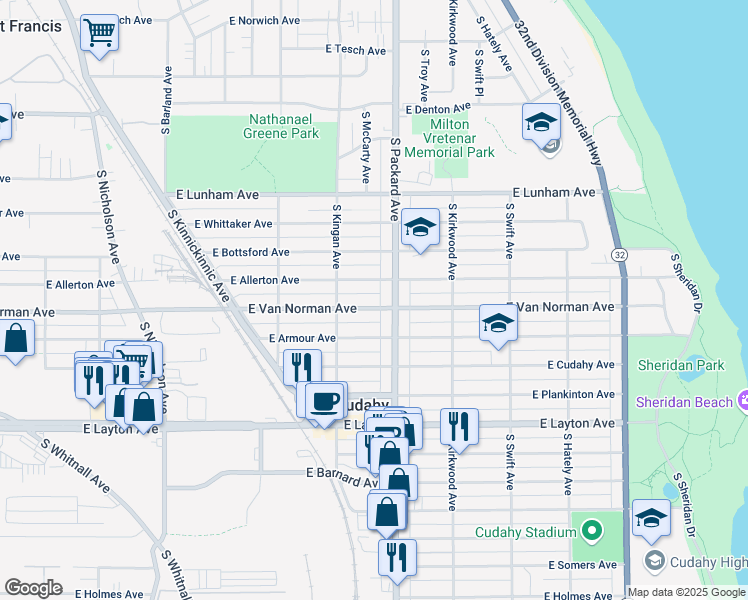 map of restaurants, bars, coffee shops, grocery stores, and more near 3550 East Van Norman Avenue in Cudahy