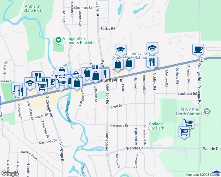 map of restaurants, bars, coffee shops, grocery stores, and more near 32 Garrison Road in Buffalo