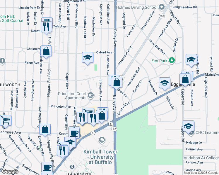 map of restaurants, bars, coffee shops, grocery stores, and more near 143 Callodine Avenue in Buffalo