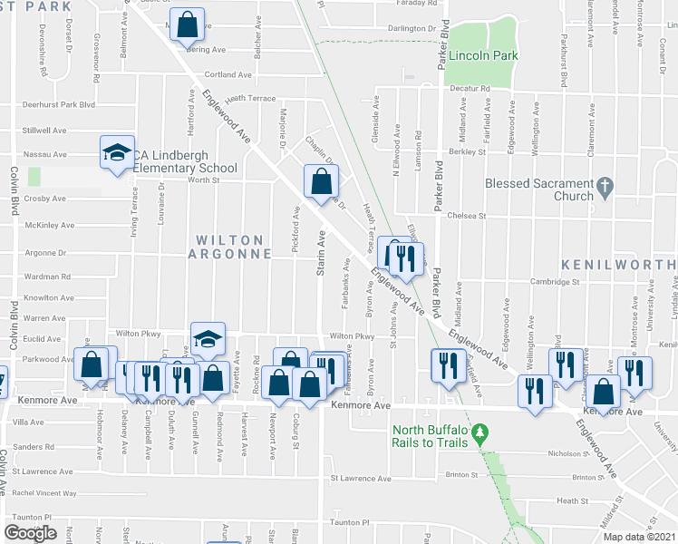 map of restaurants, bars, coffee shops, grocery stores, and more near 152 Fairbanks Ave in Buffalo