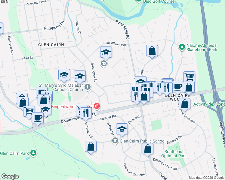 map of restaurants, bars, coffee shops, grocery stores, and more near 285 Panorama Crescent in London