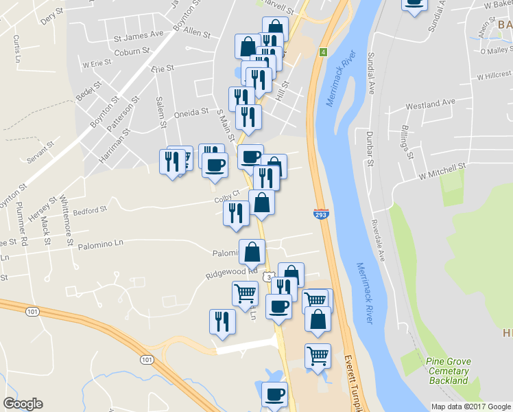 map of restaurants, bars, coffee shops, grocery stores, and more near 26 South River Road in Bedford