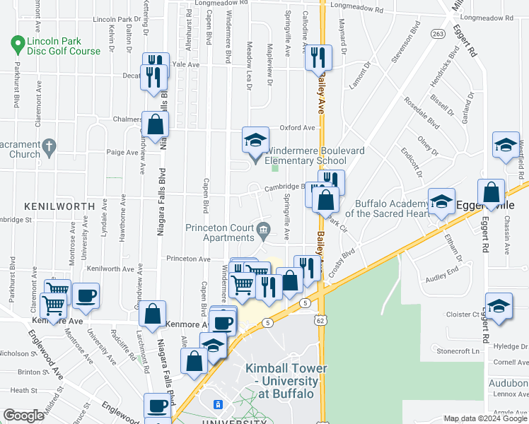 map of restaurants, bars, coffee shops, grocery stores, and more near 223 Princeton Avenue in Buffalo