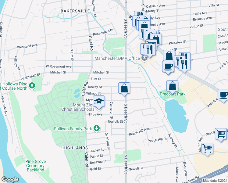 map of restaurants, bars, coffee shops, grocery stores, and more near 180 Wilmot Street in Manchester