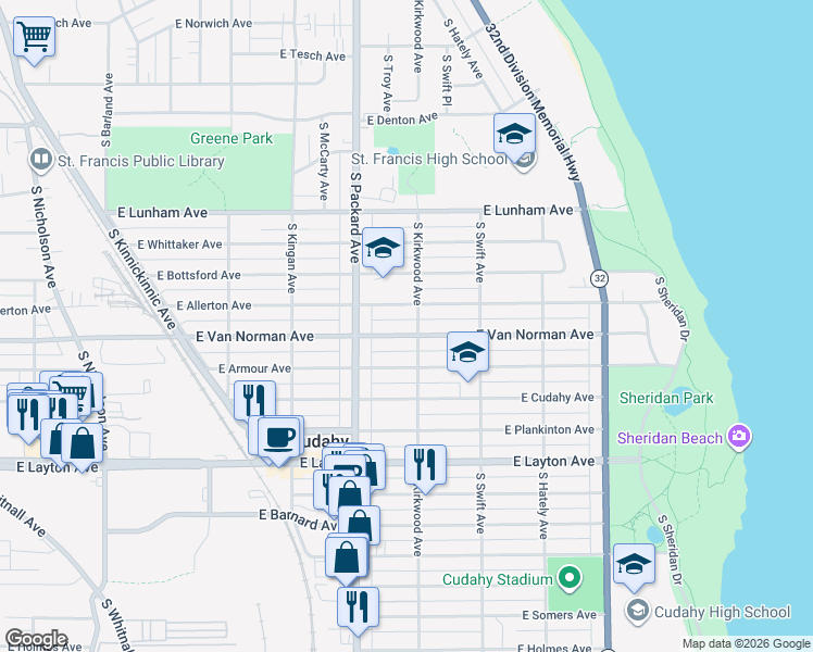 map of restaurants, bars, coffee shops, grocery stores, and more near 3668 East Van Norman Avenue in Cudahy