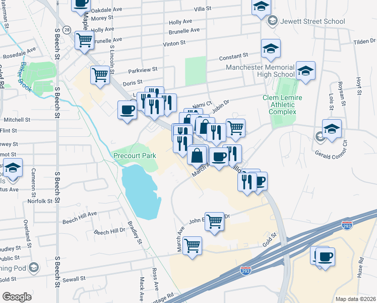 map of restaurants, bars, coffee shops, grocery stores, and more near 129 Cahill Avenue in Manchester