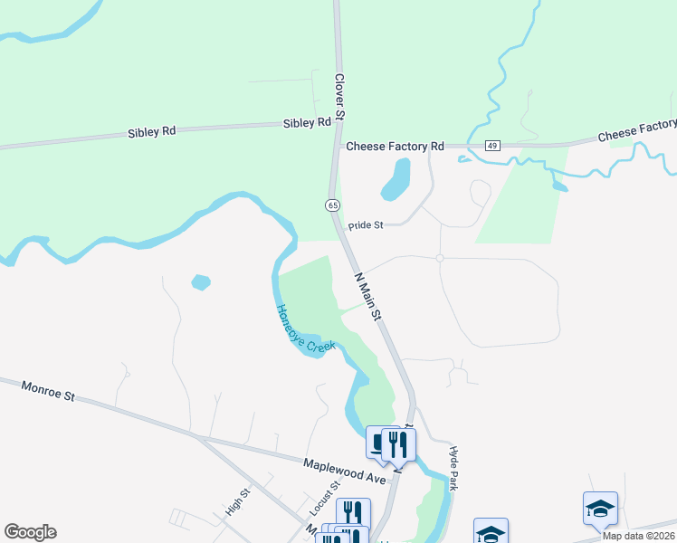 map of restaurants, bars, coffee shops, grocery stores, and more near 222 N Main St in Honeoye Falls
