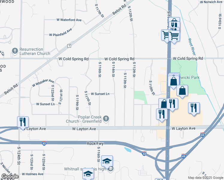 map of restaurants, bars, coffee shops, grocery stores, and more near 4481 South 114th Street in Greenfield