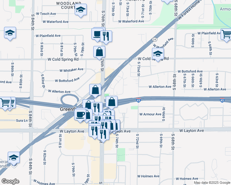 map of restaurants, bars, coffee shops, grocery stores, and more near 4578 South Green Ridge Circle in Greenfield