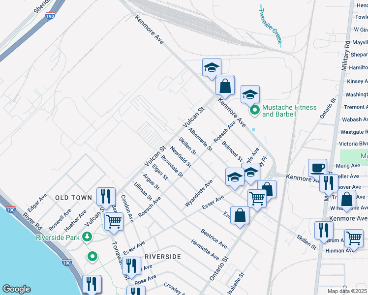 map of restaurants, bars, coffee shops, grocery stores, and more near 418 Skillen Street in Buffalo