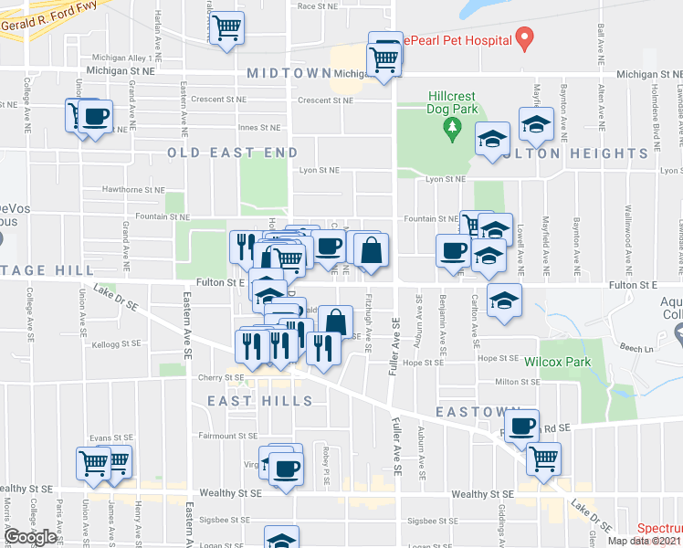 map of restaurants, bars, coffee shops, grocery stores, and more near 1035 Fulton Street East in Grand Rapids