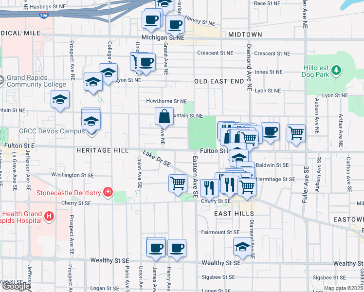 map of restaurants, bars, coffee shops, grocery stores, and more near 753 Fulton Street East in Grand Rapids