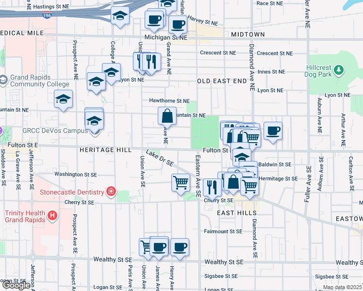 map of restaurants, bars, coffee shops, grocery stores, and more near 719 Fulton Street East in Grand Rapids