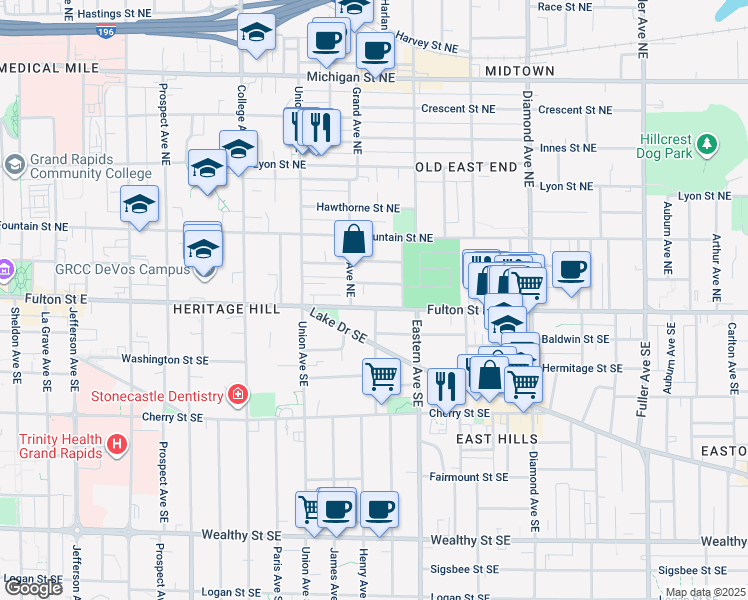 map of restaurants, bars, coffee shops, grocery stores, and more near 719 Fulton Street East in Grand Rapids