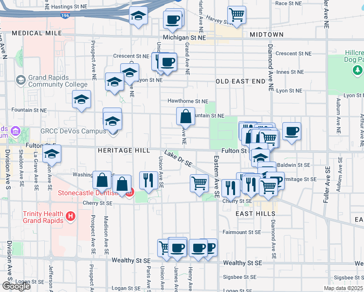 map of restaurants, bars, coffee shops, grocery stores, and more near 635 Fulton Street East in Grand Rapids