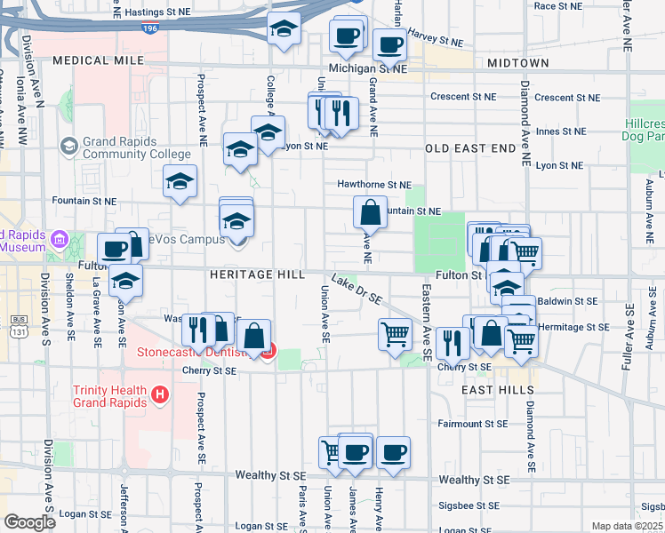 map of restaurants, bars, coffee shops, grocery stores, and more near 557 Fulton Street East in Grand Rapids