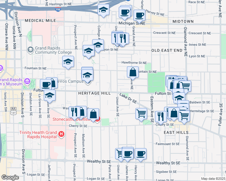 map of restaurants, bars, coffee shops, grocery stores, and more near 557 Fulton Street East in Grand Rapids