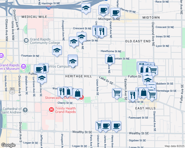 map of restaurants, bars, coffee shops, grocery stores, and more near 557 Fulton Street East in Grand Rapids