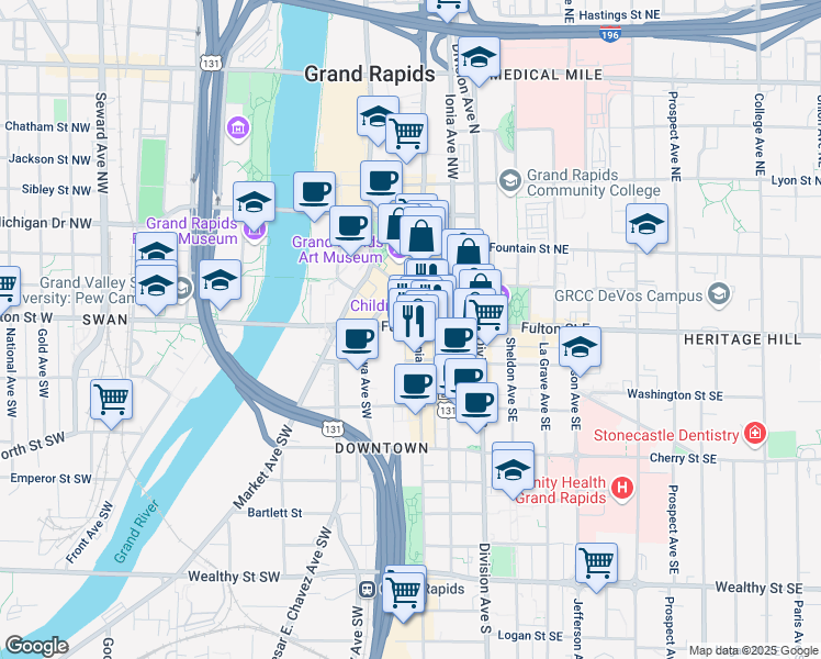 map of restaurants, bars, coffee shops, grocery stores, and more near 11 Ionia Avenue Southwest in Grand Rapids