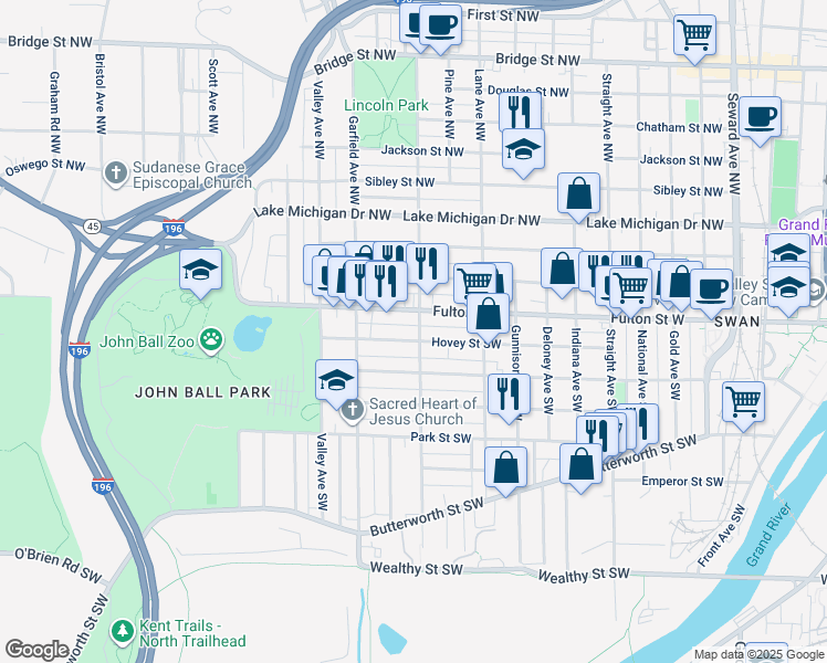 map of restaurants, bars, coffee shops, grocery stores, and more near 1101 Hovey Street Southwest in Grand Rapids