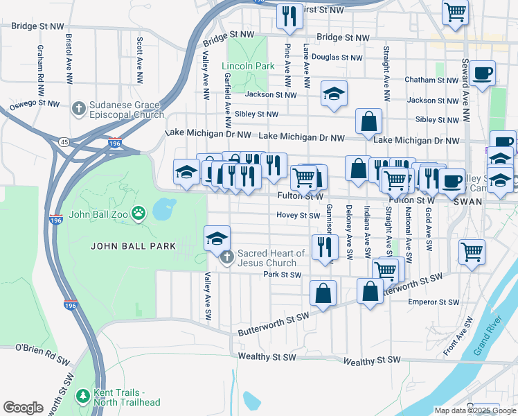map of restaurants, bars, coffee shops, grocery stores, and more near 1101 Hovey Street Southwest in Grand Rapids