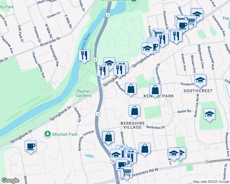 map of restaurants, bars, coffee shops, grocery stores, and more near 186 Berkshire Drive in London