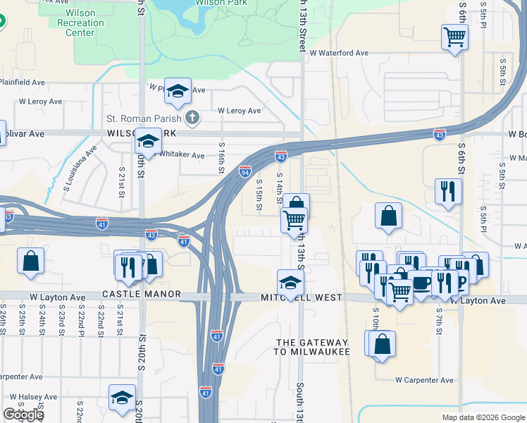 map of restaurants, bars, coffee shops, grocery stores, and more near 1430 West Van Norman Avenue in Milwaukee