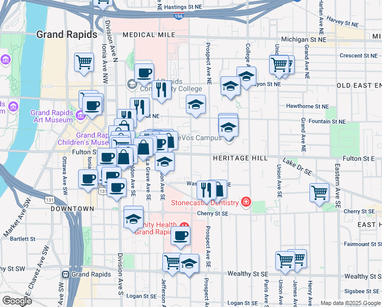 map of restaurants, bars, coffee shops, grocery stores, and more near Fulton St E & Lafayette Ave SE in Grand Rapids