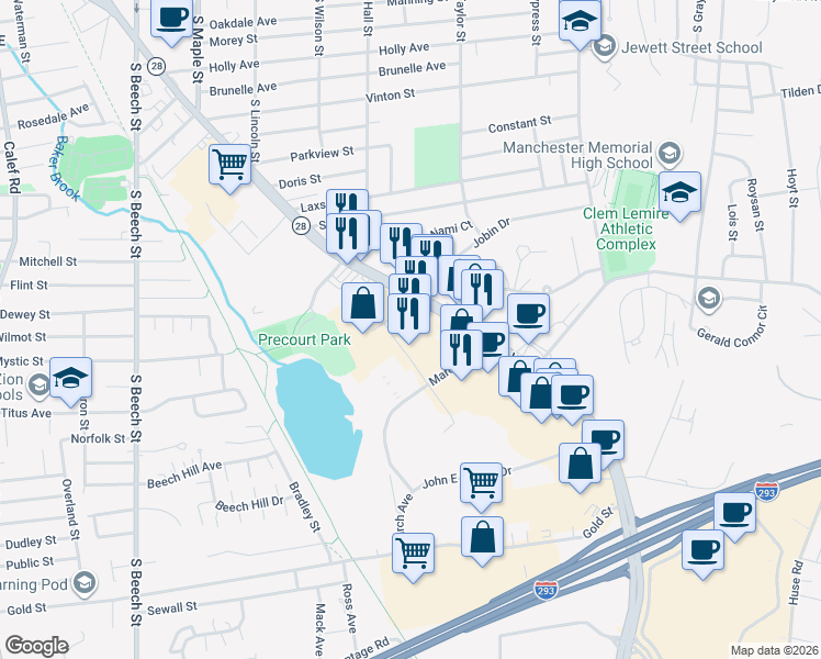map of restaurants, bars, coffee shops, grocery stores, and more near 129-169 Cahill Avenue in Manchester