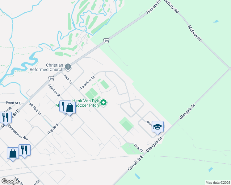 map of restaurants, bars, coffee shops, grocery stores, and more near 56 Parkview Crescent in Strathroy-Caradoc