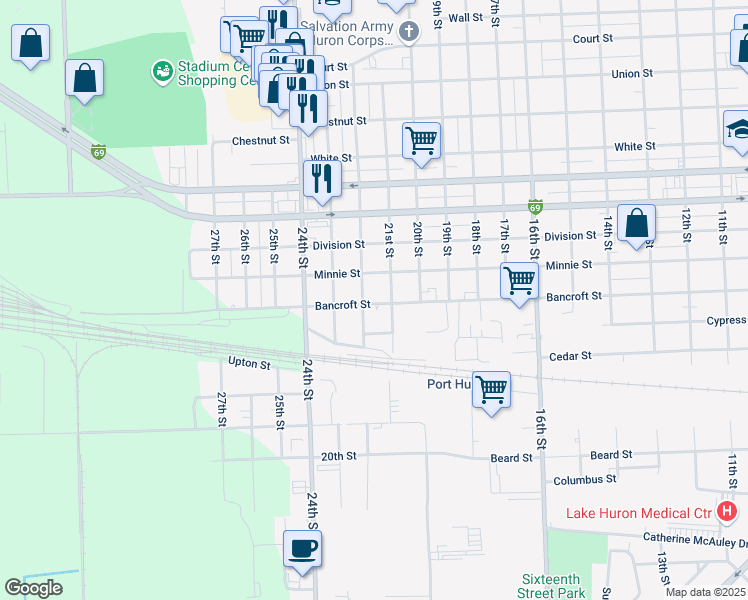 map of restaurants, bars, coffee shops, grocery stores, and more near 2121 Bancroft Street in Port Huron