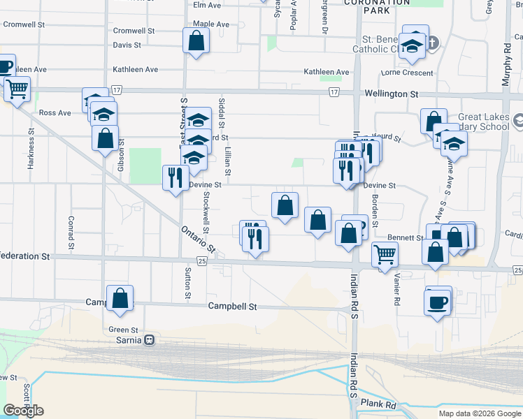 map of restaurants, bars, coffee shops, grocery stores, and more near 180 Canterbury Court in Sarnia