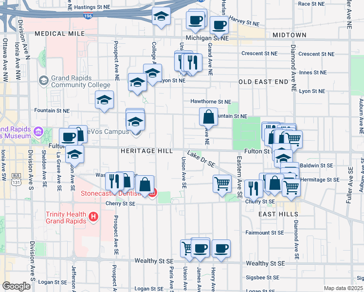 map of restaurants, bars, coffee shops, grocery stores, and more near 557 Fulton Street East in Grand Rapids