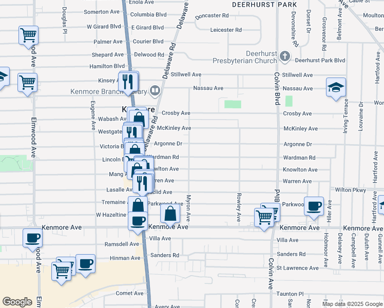 map of restaurants, bars, coffee shops, grocery stores, and more near 112 Wardman Road in Buffalo