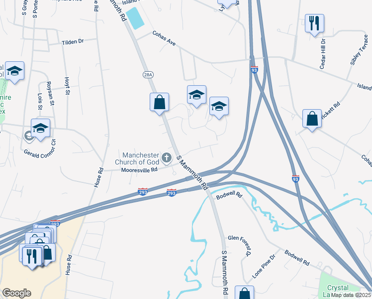 map of restaurants, bars, coffee shops, grocery stores, and more near 39 Brady Circle in Manchester