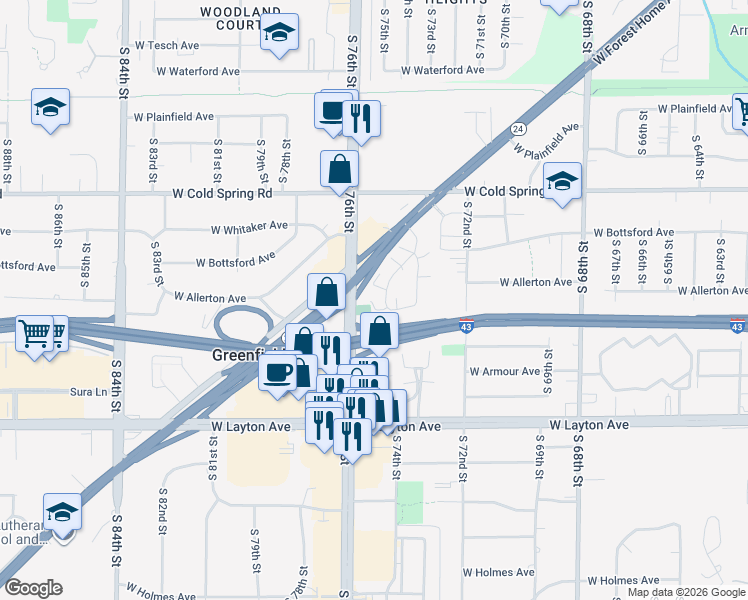 map of restaurants, bars, coffee shops, grocery stores, and more near 4578 South Green Ridge Circle in Greenfield