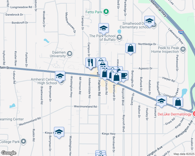 map of restaurants, bars, coffee shops, grocery stores, and more near 4467 Main Street in Buffalo