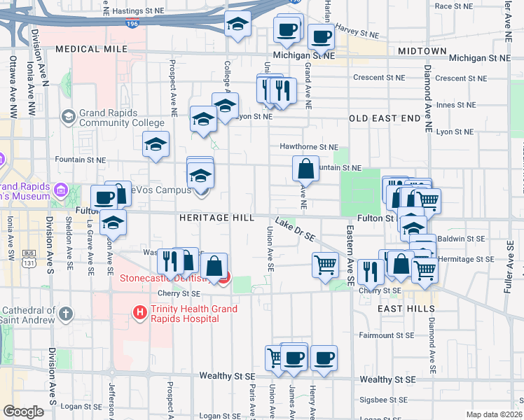 map of restaurants, bars, coffee shops, grocery stores, and more near 557 Fulton Street East in Grand Rapids