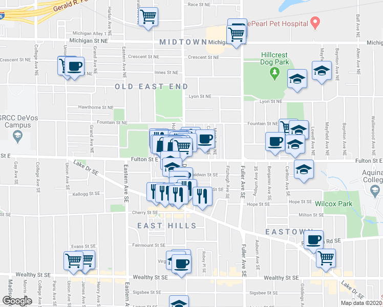 map of restaurants, bars, coffee shops, grocery stores, and more near 1011 Fulton Street East in Grand Rapids