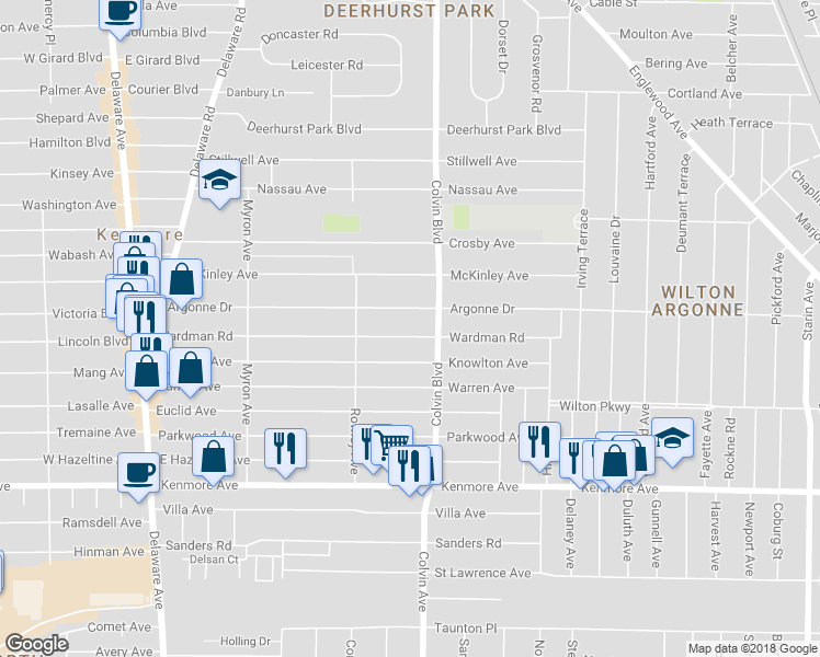 map of restaurants, bars, coffee shops, grocery stores, and more near 272 Wardman Road in Buffalo