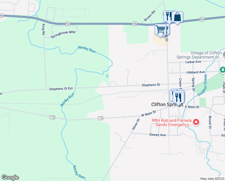 map of restaurants, bars, coffee shops, grocery stores, and more near 69 Stevens Street in Clifton Springs