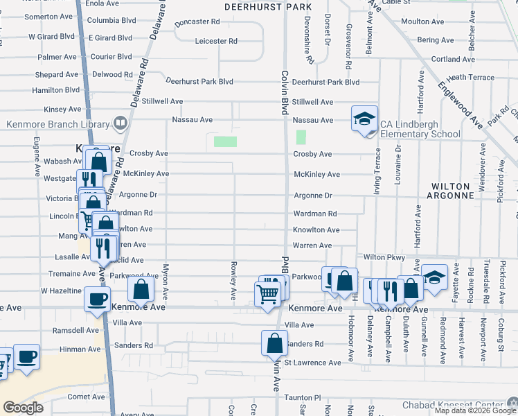 map of restaurants, bars, coffee shops, grocery stores, and more near 272 Wardman Road in Buffalo