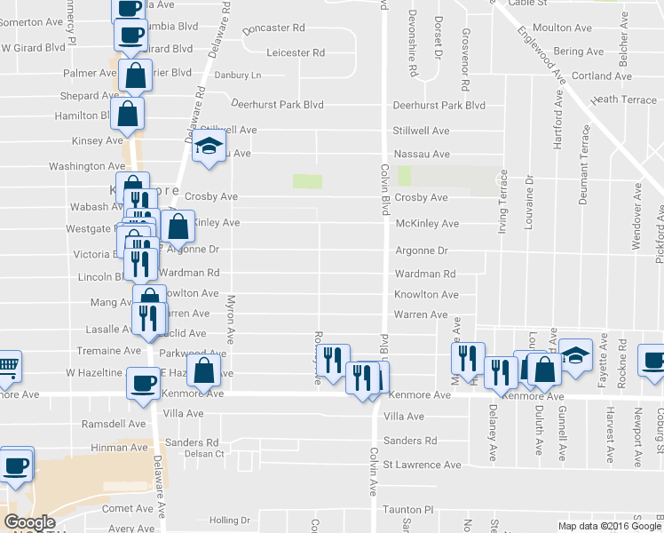 map of restaurants, bars, coffee shops, grocery stores, and more near 232 Wardman Road in Buffalo
